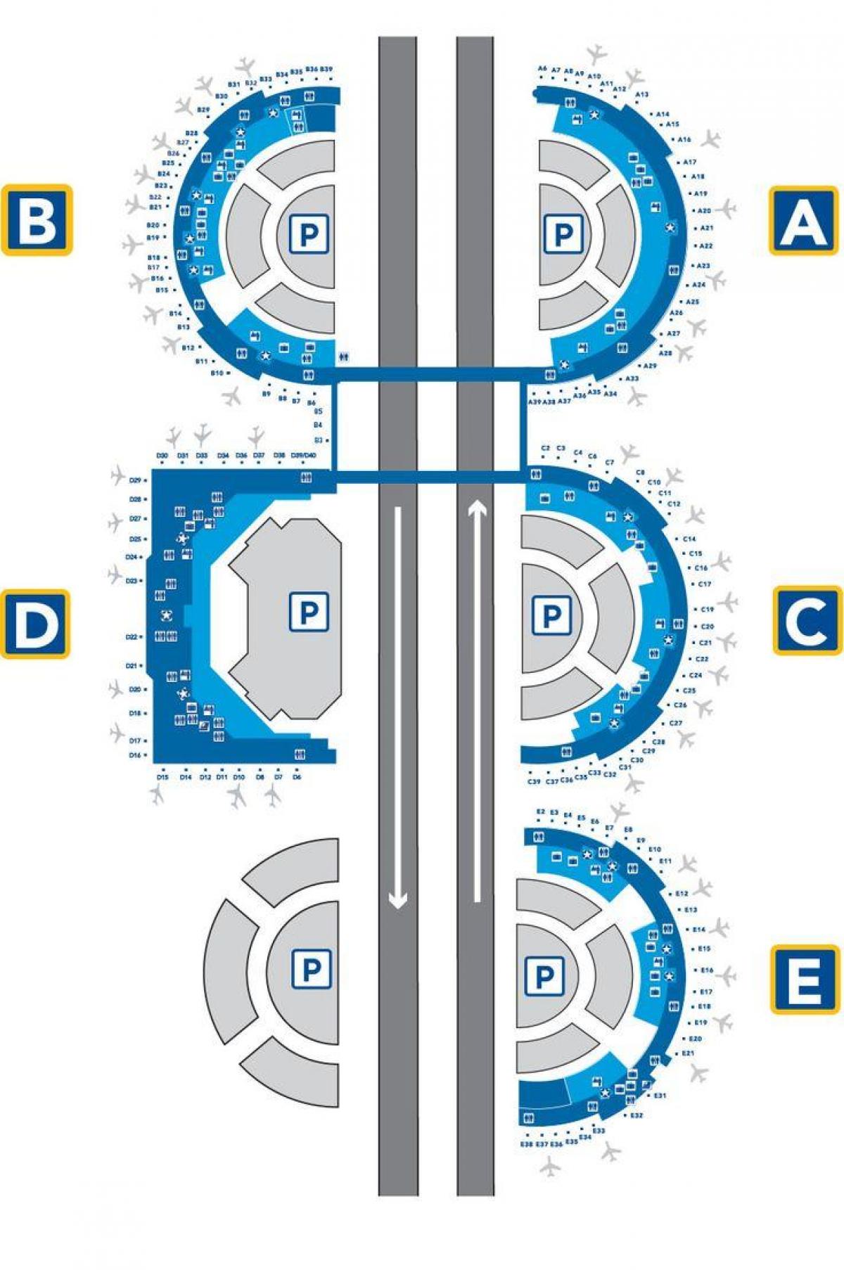 DFW हवाई अड्डे के टर्मिनल ई का नक्शा