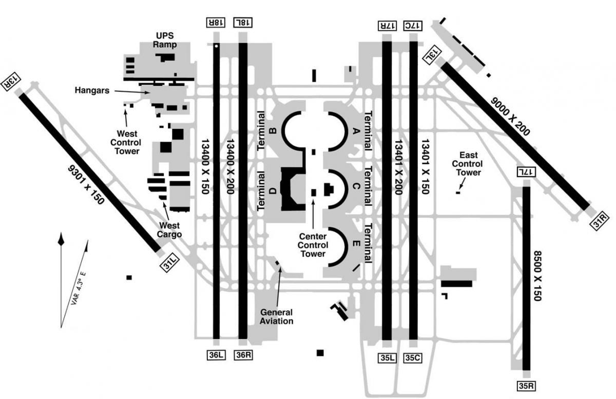DFW हवाई अड्डे के टर्मिनल बी के नक्शे