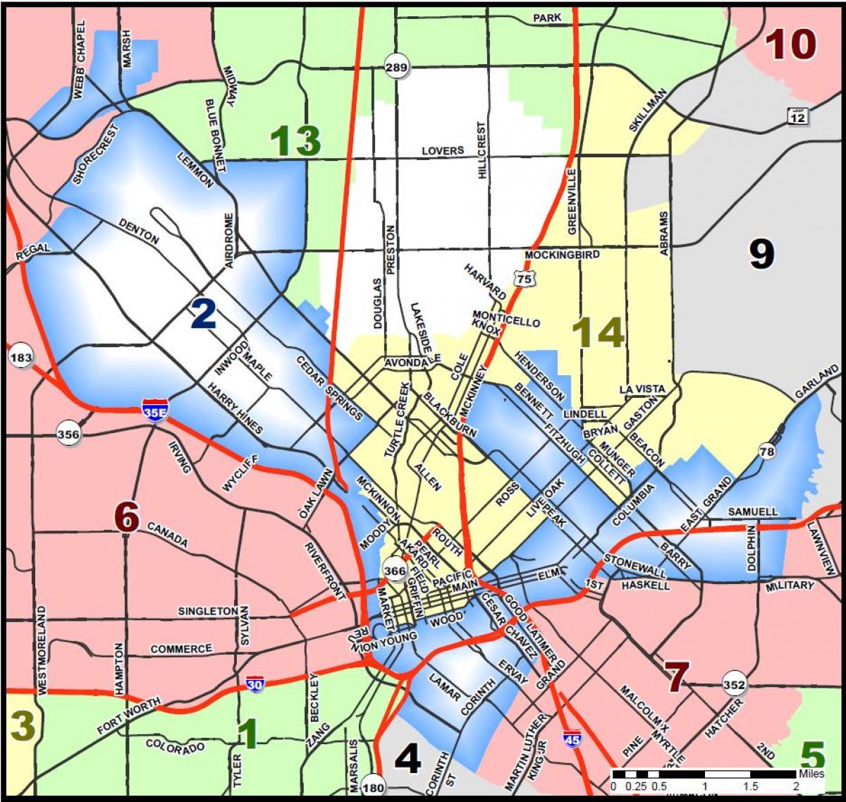 डलास शहर परिषद के जिला मानचित्र